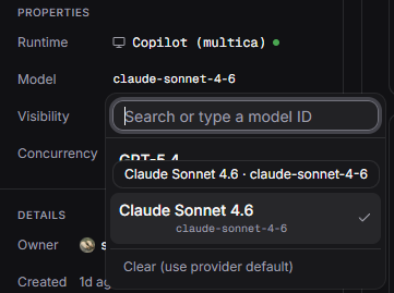Multicaのエージェント設定画面で、モデル選択のドロップダウンにclaude-sonnet-4-6と表示されている様子