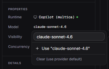 MulticaのエージェントプロパティでRuntimeとModelの設定画面。Model選択でclaude-sonnet-4.6が選ばれている様子